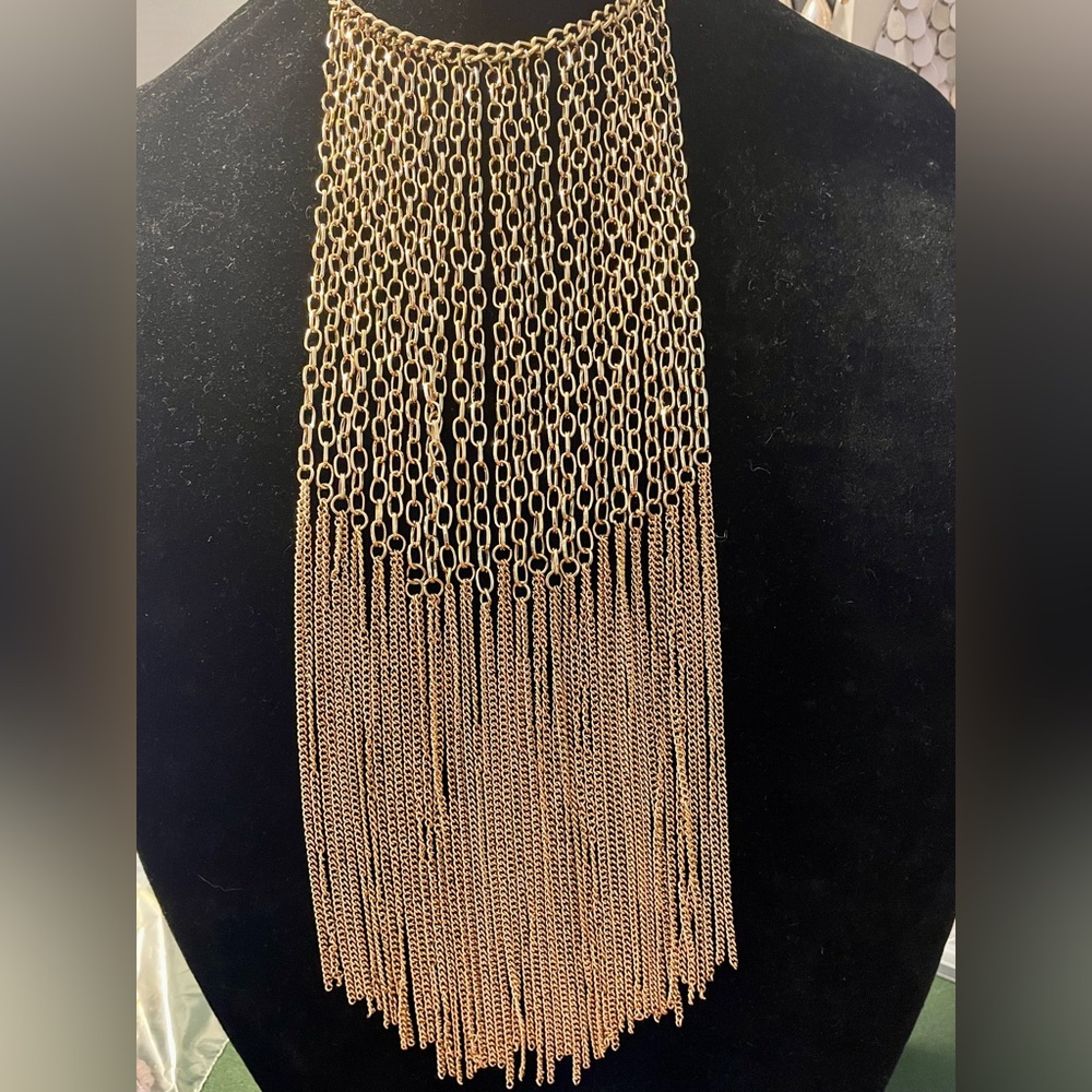 Gold Tone Multi Chain Tassel Fringe Drop Necklace. 20 inches w/ 2 inch extender